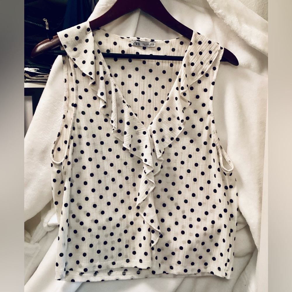 Zara Cream Polka Dot Ruffle Blouse